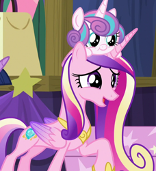 Size: 1140x1249 | Tagged: safe, screencap, princess cadance, princess flurry heart, twilight sparkle, alicorn, pony, g4, road to friendship, baby, baby pony, cropped, duo focus, female, flurry heart riding cadance, folded wings, mare, mother and child, mother and daughter, ponies riding ponies, pony hat, riding, stage, wings