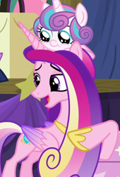 Size: 848x1249 | Tagged: safe, screencap, princess cadance, princess flurry heart, twilight sparkle, alicorn, pony, g4, road to friendship, baby, baby pony, cropped, duo focus, female, flurry heart riding cadance, folded wings, mare, mother and child, mother and daughter, ponies riding ponies, pony hat, riding, stage, wings