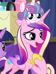 Size: 962x1269 | Tagged: safe, screencap, princess cadance, princess flurry heart, twilight sparkle, alicorn, pony, g4, road to friendship, baby, baby pony, cropped, duo focus, female, flurry heart riding cadance, folded wings, mare, mother and child, mother and daughter, ponies riding ponies, pony hat, riding, stage, wings