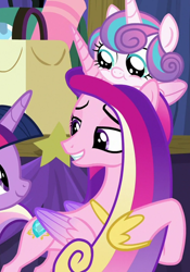 Size: 874x1249 | Tagged: safe, screencap, princess cadance, princess flurry heart, twilight sparkle, alicorn, pony, g4, road to friendship, baby, baby pony, cropped, duo focus, female, flurry heart riding cadance, folded wings, mare, mother and child, mother and daughter, ponies riding ponies, pony hat, riding, stage, wings