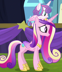 Size: 976x1125 | Tagged: safe, screencap, princess cadance, princess flurry heart, alicorn, pony, g4, road to friendship, baby, baby pony, concave belly, cropped, duo, female, flurry heart riding cadance, folded wings, looking forward, mare, mother and child, mother and daughter, on head, ponies riding ponies, pony hat, riding, side view, slender, stage, thin, wings