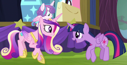 Size: 1666x851 | Tagged: safe, screencap, princess cadance, princess flurry heart, twilight sparkle, alicorn, pony, g4, road to friendship, aunt and niece, baby, baby pony, female, mare, mother and child, mother and daughter, sisters-in-law, sunshine sunshine, twilight sparkle (alicorn)