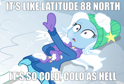 Size: 1536x1038 | Tagged: safe, edit, edited screencap, screencap, trixie, equestria girls, equestria girls series, holidays unwrapped, saving pinkie's pie, spoiler:eqg series (season 2), caption, clothes, coat, cold, electric light orchestra, elo, gloves, hat, image macro, lying down, scarf, snow, solo, song reference, text, white stockings
