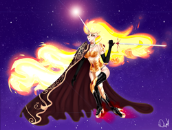 Size: 3547x2676 | Tagged: safe, artist:magnetjasdraw329, daybreaker, human, g4, alicorn humanization, armor, boots, cape, choker, clothes, evening gloves, female, gloves, glowing horn, high heel boots, high res, horn, horned humanization, humanized, jewelry, lipstick, long gloves, night, open mouth, regalia, shoes, sky, solo, stars, sword, unconvincing armor, weapon, winged humanization