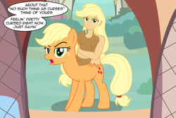 Size: 3314x2223 | Tagged: safe, artist:badumsquish, derpibooru exclusive, applejack, humalos, monster pony, nuckelavee, original species, pony, equestria girls, g4, aftermath, angry, annoyed, applejack is not amused, covering, covering breasts, curse, cursed, dialogue, female, frown, fusion, golden oaks library, high res, human ponidox, implied twilight sparkle, multiple heads, offscreen character, open mouth, raised eyebrow, sarcasm, self ponidox, somnambulan curse, species swap, speech bubble, talking to viewer, transformation, unamused, we have become one, window