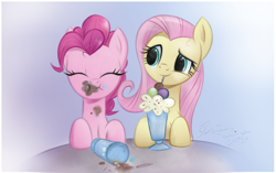 Size: 3460x2176 | Tagged: safe, artist:fladdrarblyg, fluttershy, pinkie pie, pony, g4, cute, diapinkes, duo, eating, eyes closed, female, food, high res, ice cream, mare, messy eating, neapolitan, shyabetes, smiling, straw, sundae