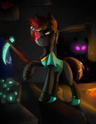 Size: 1095x1410 | Tagged: safe, artist:yuris, oc, oc only, enderman, enderpony, pony, unicorn, cave, chest fluff, diamond ore, diamond pickaxe, duo, eyes in the dark, glowing, glowing eyes, lava, minecraft, pickaxe, ponified, prosthetic eye, prosthetics, solo