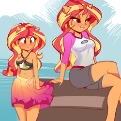 Size: 4000x4000 | Tagged: safe, artist:xjenn9, sunset shimmer, equestria girls, equestria girls series, forgotten friendship, legend of everfree, absurd resolution, adorasexy, belly button, bikini, bikini top, blushing, breasts, busty sunset shimmer, clothes, crossed legs, cute, denim shorts, dress, duality, female, happy, jumper, legs, lidded eyes, long hair, midriff, multicolored hair, outdoors, ponied up, self paradox, sexy, shorts, sitting, sketch, skintight, skintight clothes, smiling, swimsuit, teal eyes, tight clothing