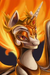 Size: 3000x4500 | Tagged: safe, artist:flower-lescence, daybreaker, alicorn, pony, g4, bust, crown, female, high res, jewelry, lidded eyes, looking at you, mane of fire, mare, portrait, regalia, solo, spread wings, wings