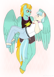 Size: 2370x3368 | Tagged: safe, artist:hahyh, coco pommel, lightning dust, earth pony, pegasus, anthro, unguligrade anthro, g4, blushing, breasts, bridal carry, busty coco pommel, carrying, cocodust, crack shipping, female, flying, high res, lesbian, shipping