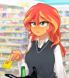 Size: 2071x2341 | Tagged: safe, artist:maren, sunset shimmer, equestria girls, g4, alcohol, bag, blushing, booze, breasts, busty sunset shimmer, clothes, female, high res, high school, id card, korean, necktie, school uniform, shirt, shop, solo, sweat, sweatdrop, vest