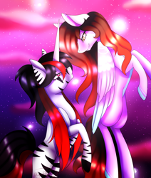 Size: 1400x1650 | Tagged: safe, artist:minelvi, oc, oc only, oc:lunelaya, pegasus, pony, unicorn, duo, female, horn, looking at each other, mare, pegasus oc, unicorn oc, wings