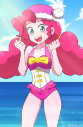 Size: 850x1298 | Tagged: safe, artist:riouku, pinkie pie, equestria girls, equestria girls series, alternate hairstyle, christmas, clothes, cute, diapinkes, female, hat, holiday, looking at you, one-piece swimsuit, open mouth, pinkie pie swimsuit, santa hat, solo, summer, swimsuit