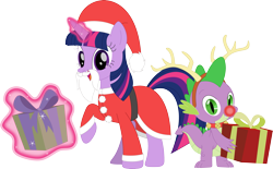 Size: 3573x2211 | Tagged: safe, artist:porygon2z, spike, twilight sparkle, dragon, pony, unicorn, g4, antlers, christmas, glowing horn, hat, high res, holding a present, holiday, horn, looking at you, magic, magic aura, present, reindeer antlers, rudolph nose, santa claus, santa hat, simple background, transparent background, unicorn twilight, vector