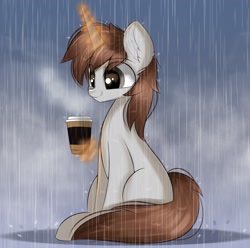 Size: 2175x2160 | Tagged: safe, artist:janelearts, oc, oc only, pony, unicorn, coffee cup, cup, ear fluff, eye clipping through hair, high res, magic, male, rain, sitting, smiling, solo, stallion, telekinesis