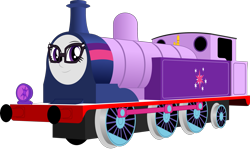 Size: 2783x1696 | Tagged: safe, artist:artthriller94, sci-twi, twilight sparkle, equestria girls, g4, inanimate tf, locomotive, not salmon, simple background, thomas the tank engine, train, trainified, transformation, transparent background, wat, why