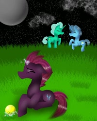 Size: 1080x1350 | Tagged: safe, artist:rxndxm.artist, glitter drops, spring rain, tempest shadow, pony, g4, ball, broken horn, colt spring rain, eyes closed, female, filly, filly glitter drops, filly tempest shadow, grass, horn, male, mare, outdoors, sparking horn, stallion, younger