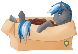 Size: 1280x887 | Tagged: safe, artist:imreer, oc, oc only, oc:cloud zapper, pegasus, pony, box, food, male, muffin, pegasus oc, pony in a box, simple background, solo, stallion, white background, wings