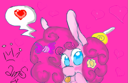 Size: 709x459 | Tagged: safe, artist:amgiwolf, pinkie pie, earth pony, pony, g4, :p, blushing, bust, female, heart, mare, pictogram, pink background, simple background, solo, tongue out