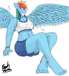 Size: 2697x3000 | Tagged: safe, artist:fetishsketches, rainbow dash, pegasus, anthro, plantigrade anthro, g4, abs, anklet, barefoot, big feet, cutie mark tattoo, feet, female, foot focus, grin, high res, muscles, smiling, solo, tattoo