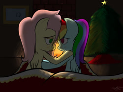 Size: 1600x1200 | Tagged: safe, artist:icy wind, fluttershy, rainbow dash, pegasus, pony, g4, christmas, christmas tree, comfy, duo, duo female, female, fireplace, holiday, lesbian, ship:flutterdash, shipping, tree