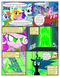 Size: 612x792 | Tagged: safe, artist:newbiespud, edit, edited screencap, screencap, applejack, bruce mane, eclair créme, fine line, jangles, maxie, minuette, north star, orion, perfect pace, princess cadance, queen chrysalis, rainbow dash, rarity, royal ribbon, shooting star (character), spike, alicorn, changeling, changeling queen, earth pony, pegasus, pony, unicorn, comic:friendship is dragons, a canterlot wedding, g4, angry, background pony audience, bridesmaid applejack, bridesmaid dash, bridesmaid pinkie, bridesmaid rarity, bust, clothes, comic, dialogue, dress, eyelashes, fake cadance, female, floral head wreath, flower, glowing eyes, gown, hoof shoes, male, mare, raised hoof, screencap comic, stallion