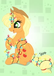 Size: 1920x2716 | Tagged: safe, artist:julunis14, part of a set, applejack, earth pony, pony, g4, christmas, christmas lights, digital, freckles, hat, holiday, lights, signature, simple background, smiling, solo