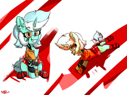 Size: 1600x1200 | Tagged: safe, artist:mjsw, lyra heartstrings, pony, unicorn, g4, clothes, concept art, female, mare, mirror's edge, mlem, piercing, runner, silly, smiling, smug, solo, tattoo, tongue out