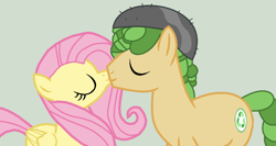 Size: 1054x559 | Tagged: safe, artist:jadeharmony, fluttershy, sandalwood, pony, g4, duo, equestria girls ponified, female, kissing, male, ponified, sandalshy, shipping, straight