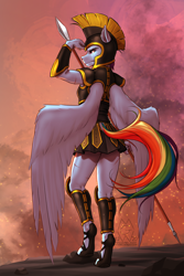 Size: 1900x2850 | Tagged: safe, artist:mykegreywolf, rainbow dash, pegasus, anthro, unguligrade anthro, equestria divided, g4, armor, eye scar, house stormwing, profile, raffle prize, scar, solo, spear, weapon
