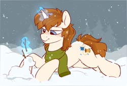 Size: 1168x790 | Tagged: safe, artist:crimmharmony, oc, oc only, pony, unicorn, clothes, freckles, glowing horn, horn, lidded eyes, lying down, magic, scarf, smiling, snow, snowfall, snowpony, solo, telekinesis, winter