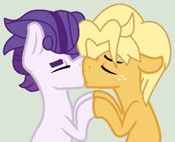 Size: 586x475 | Tagged: safe, artist:box-of-ideas, artist:jadeharmony, dirk thistleweed, ragamuffin (g4), earth pony, pony, g4, base used, equestria girls ponified, eyes closed, freckles, gay, gray background, hug, kiss on the lips, kissing, male, ponified, ragadirk, raised hoof, shipping, simple background, stallion