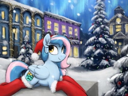 Size: 4000x3000 | Tagged: safe, alternate version, artist:selenophile, oc, oc only, oc:chrysocolla dawn, pegasus, pony, christmas, christmas lights, christmas tree, clothes, commission, cutie mark, holiday, lying down, prone, snow, snowfall, socks, solo, stockings, thigh highs, tree, winter, ych result