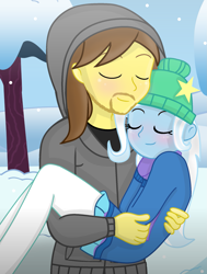 Size: 1635x2159 | Tagged: safe, artist:grapefruitface1, trixie, oc, oc:grapefruit face, equestria girls, base used, blushing, bridal carry, canon x oc, carrying, clothes, coat, eyes closed, gloves, grapexie, hat, hood, hoodie, shipping, show accurate, skirt, snow, snuggling, straight, tree, walking, winter, winter outfit