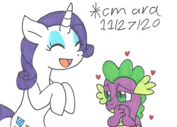 Size: 926x662 | Tagged: safe, artist:cmara, rarity, spike, dragon, pony, unicorn, g4, eyes closed, eyeshadow, female, heart, makeup, male, mare, open mouth, ship:sparity, shipping, simple background, straight, traditional art, white background