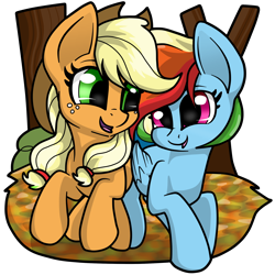 Size: 2086x2085 | Tagged: safe, artist:gleamydreams, applejack, rainbow dash, earth pony, pegasus, pony, g4, applejack's hat, cowboy hat, cute, dashabetes, duo, duo female, female, folded wings, freckles, hat, high res, jackabetes, looking at each other, looking at someone, mare, open mouth, open smile, running of the leaves, simple background, smiling, smiling at each other, transparent background, tree, wings