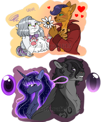 Size: 932x1133 | Tagged: safe, artist:malinraf1615, capper dapperpaws, opalescence, pony of shadows, tantabus, abyssinian, pony, anthro, g4, abyssinianized, alternate hairstyle, bowtie, chest fluff, clothes, coat, female, flower, grin, heart, looking at each other, male, mare, opalcapper, ponified, shipping, simple background, smiling, species swap, stallion, straight, tantashadow, tattoo, transparent background, unamused