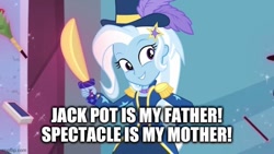 Size: 640x360 | Tagged: safe, edit, edited screencap, screencap, trixie, equestria girls, g4, my little pony equestria girls: better together, street magic with trixie, caption, image macro, imgflip, implied parents, magician outfit, parent, text
