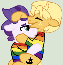Size: 636x660 | Tagged: safe, artist:box-of-ideas, artist:jadeharmony, dirk thistleweed, ragamuffin (g4), earth pony, pony, g4, base used, bedroom eyes, clothes, duo, equestria girls ponified, eyes closed, freckles, gay, gay pride, gay pride flag, gray background, hug, kissing, male, open mouth, ponified, pride, pride flag, ragadirk, rainbow, shipping, shirt, simple background, stallion, t-shirt