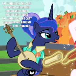 Size: 800x800 | Tagged: safe, edit, edited screencap, screencap, princess celestia, princess luna, between dark and dawn, g4, animated, banjo, cart, cute, dexterous hooves, female, food, levitation, loop, lotta little things, lunabetes, lyrics, magic, musical instrument, offscreen character, peach, playing instrument, quill, scroll, singing, solo focus, song reference, telekinesis, text, the wheels on the bus