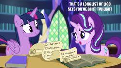 Size: 1280x720 | Tagged: safe, edit, edited screencap, screencap, starlight glimmer, twilight sparkle, alicorn, pony, unicorn, g4, the crystalling, book, duo, female, indoors, mare, open mouth, scroll, smiling, twilight sparkle (alicorn), twilight's castle