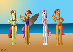 Size: 2877x2084 | Tagged: safe, artist:baroquewolfe, apple bloom, babs seed, scootaloo, sweetie belle, anthro, unguligrade anthro, g4, beach, belly button, bikini, breasts, cleavage, clothes, cutie mark crusaders, hand on hip, high res, horn, looking at you, midriff, monokini, ocean, older, older apple bloom, older babs seed, older cmc, older scootaloo, older sweetie belle, one-piece swimsuit, shorts, sky, sun, surfboard, swimsuit