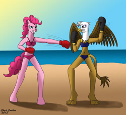 Size: 2562x2340 | Tagged: safe, artist:baroquewolfe, gilda, pinkie pie, anthro, unguligrade anthro, g4, beach, belly button, bikini, blue swimsuit, boxing, boxing gloves, clothes, fight, high res, ocean, pink swimsuit, sky, sports, struggling, sun, swimsuit, tail, wings