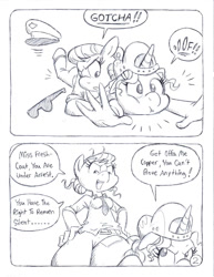 Size: 849x1099 | Tagged: safe, artist:circe, copper top, fresh coat, earth pony, pony, unicorn, anthro, unguligrade anthro, comic:long hoof of the law, g4, ass, breasts, butt, clothes, comic, messy mane, miranda rights, monochrome, overalls, police, sunglasses, tackle, traditional art