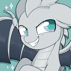 Size: 2500x2500 | Tagged: source needed, safe, artist:moozua, oc, oc only, oc:llvm, dracony, dragon, hybrid, pony, colored pupils, fangs, green background, grin, high res, llvm, looking at you, ponified, programming, simple background, smiling, smirk, solo, spread wings, wings
