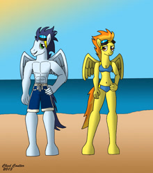Size: 2244x2546 | Tagged: safe, artist:baroquewolfe, soarin', spitfire, anthro, unguligrade anthro, g4, abs, beach, bikini, blue swimsuit, breasts, cleavage, clothes, goggles, hand on hip, high res, muscles, partial nudity, shorts, sky, sun, swimming trunks, swimsuit, topless, wings