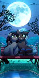 Size: 2550x5159 | Tagged: safe, artist:pridark, oc, oc only, oc:kaaskiller, oc:vyden, earth pony, pony, bench, chest fluff, commission, duo, earth pony oc, female, full moon, high res, looking at each other, male, mare, moon, night, phone wallpaper, pond, sitting, smiling, stallion, tree, wallpaper