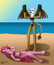 Size: 2245x2671 | Tagged: safe, artist:baroquewolfe, gilda, pinkie pie, earth pony, griffon, anthro, unguligrade anthro, g4, beach, belly button, bikini, black eye, boxing, boxing gloves, clothes, high res, knock out, ocean, sports, sun, swimsuit, tail, victory, winner