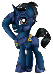 Size: 755x1059 | Tagged: safe, artist:ali-selle, oc, oc only, oc:slashing prices, pony, unicorn, 2021 community collab, derpibooru community collaboration, armor, commission, grin, guard, helmet, male, one eye closed, royal guard, royal guard armor, salute, simple background, smiling, solo, stallion, transparent background, wink