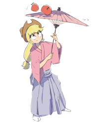 Size: 2400x3200 | Tagged: safe, artist:fuyugi, applejack, human, equestria girls, g4, apple, clothes, cowboy hat, digital art, female, food, hakama, hat, high res, humanized, looking up, simple background, smiling, solo, stetson, umbrella, white background